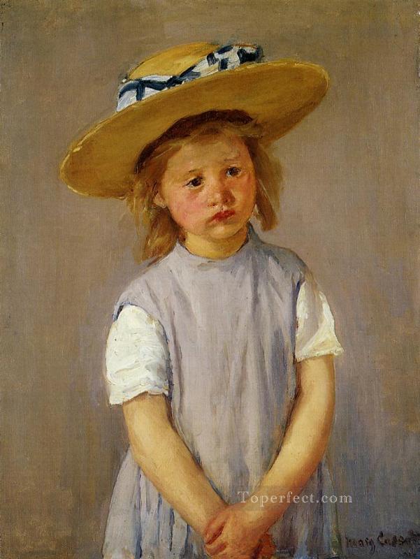 大きな麦わら帽子をかぶった少女とピンナフォアの印象派の母親たち メアリー・カサット油絵